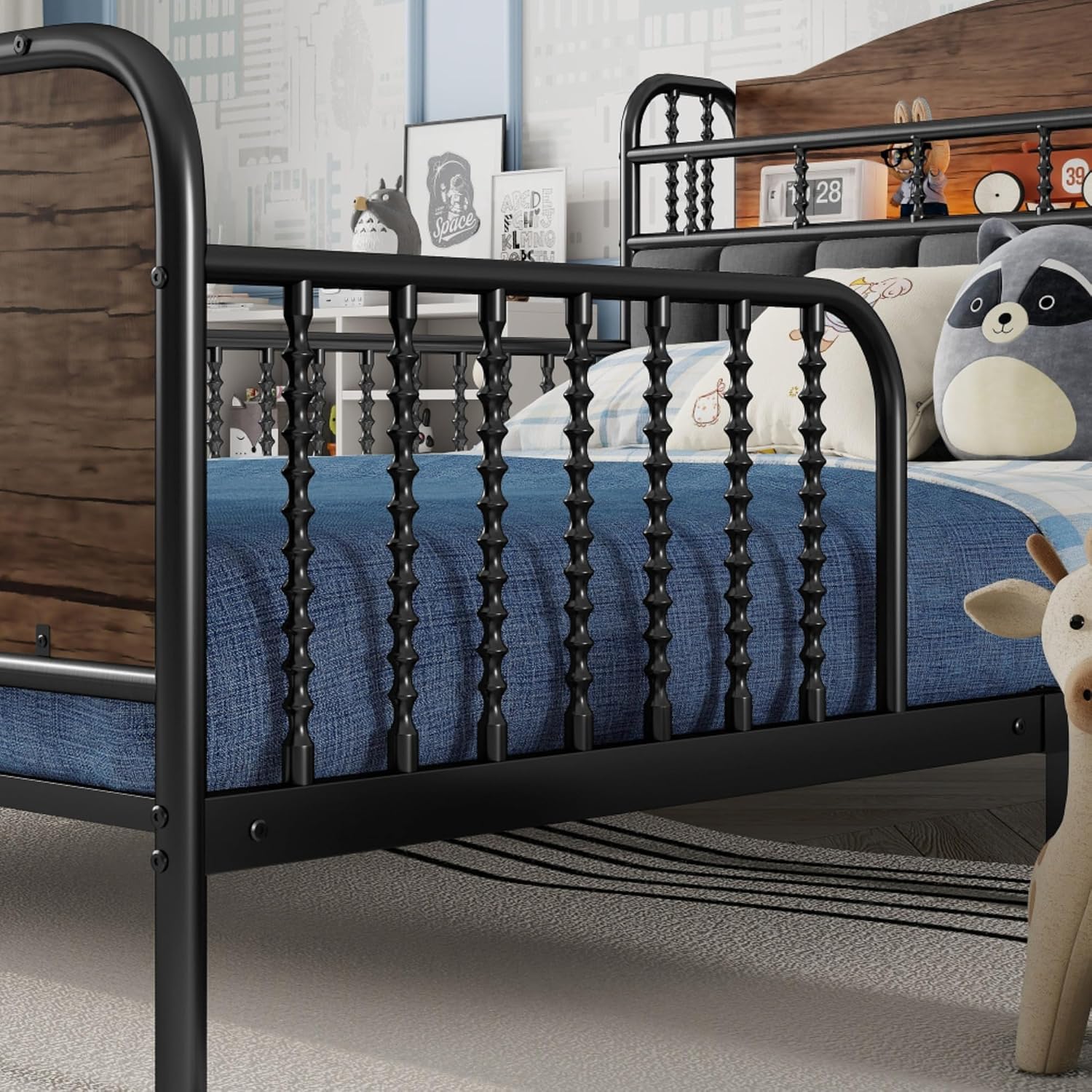Modern Upholstered Platform Bed Frame with App Controlled LED Lights Storage Headboard Full Length Guardrails Low Profile Design Metal Structure for Bedroom (Black,Full)