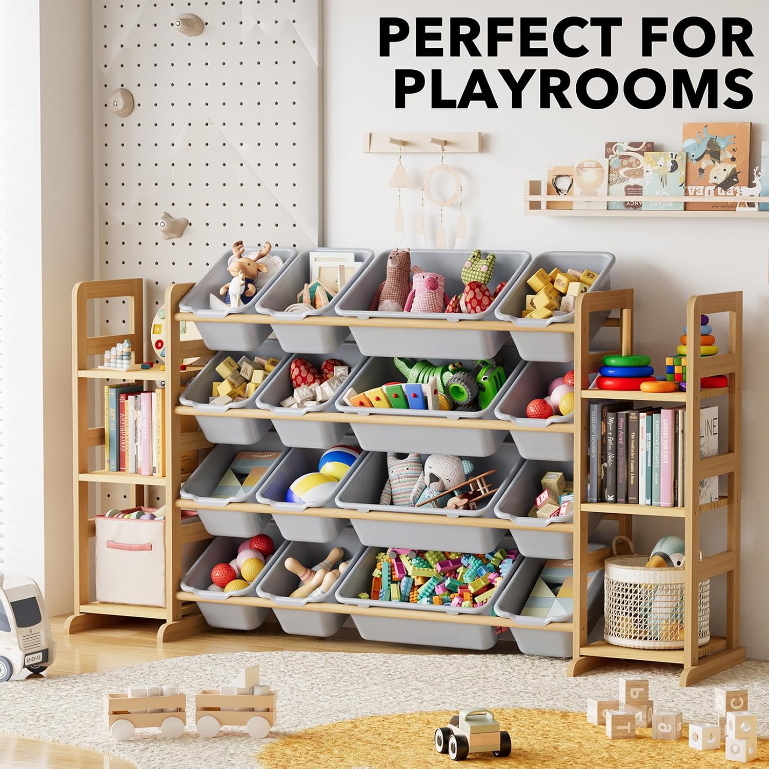 SpaceAid Toy Storage Organizer with 6 Shelves and 16 Bins, Toy Organizers Storage Bookshelf, Kids Bin Shelf Toys Box Bookcase for Bedroom Playroom Organization Room Decor, Neutral Gray