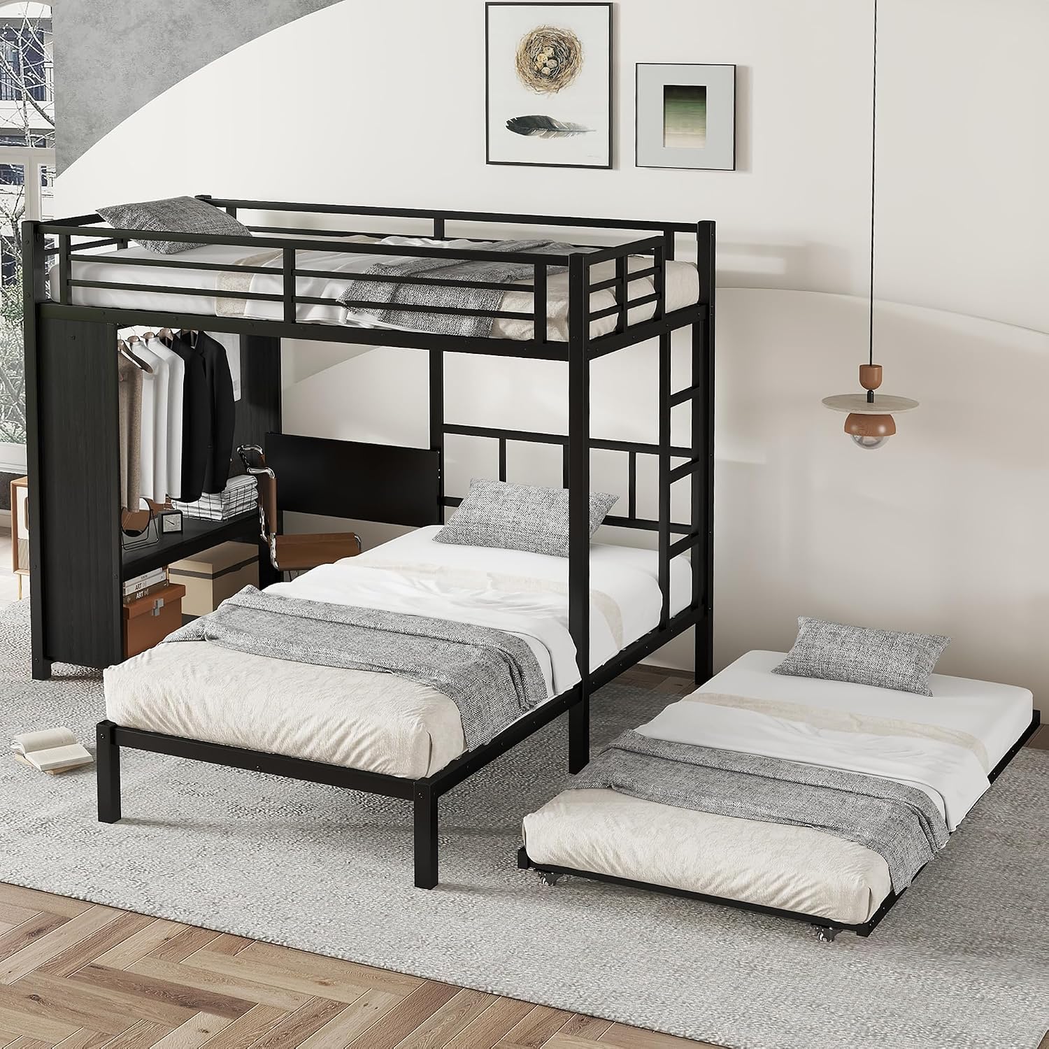 JIVOIT Metal Bunk Bed with Trundle, Twin Over Twin Bunk Bed with Foldable Desk, Built-in Wardrobe, Ladders and Safety Guard, Noise-Reduced Design, Space-Saving, No Box Spring Needed
