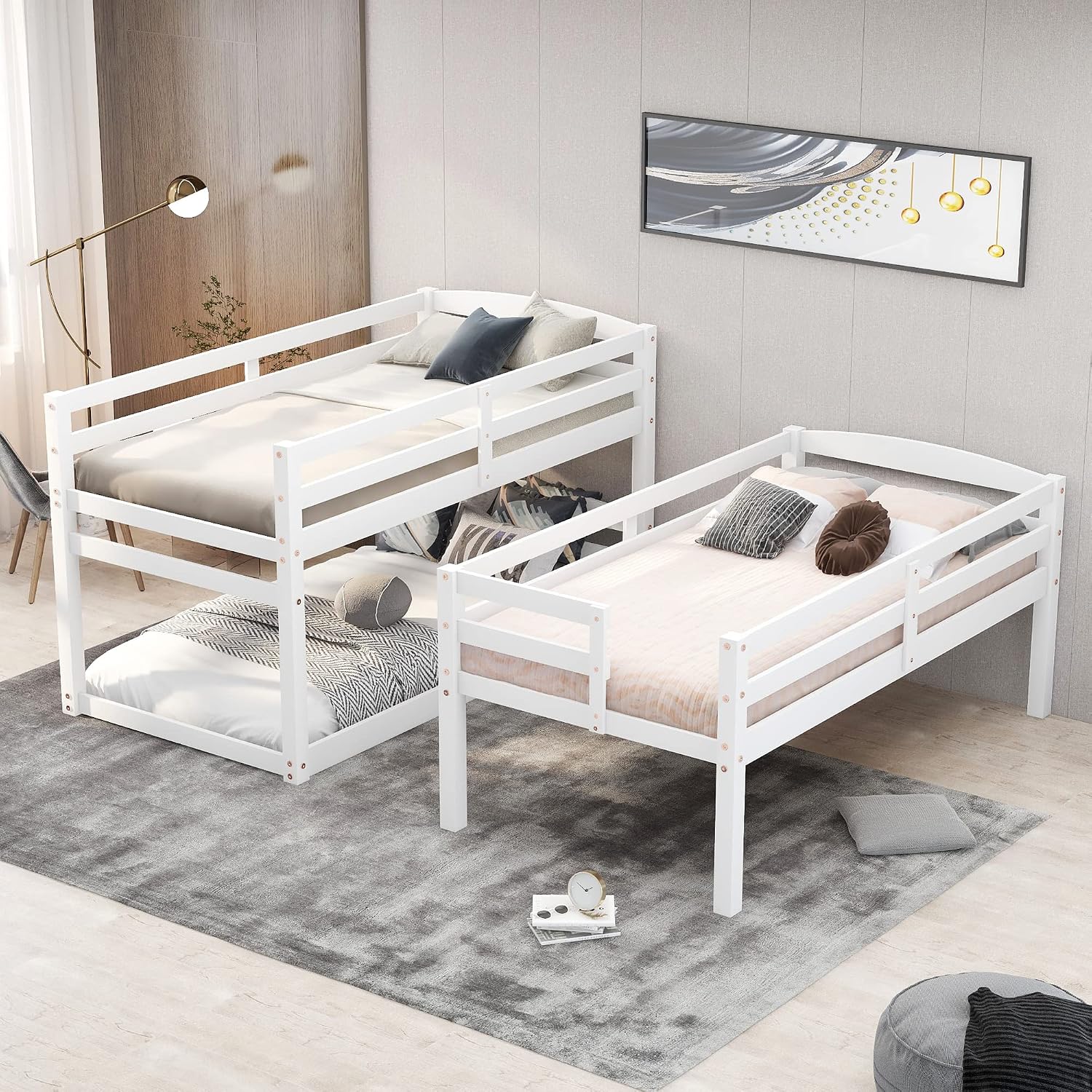 Triple Bunk Bed, Detachable Triple Twin Bunk Bed, 3 Bunk Bed with Storage Staircase, Guardrails, Twin Over Twin Over Twin for Kids, White