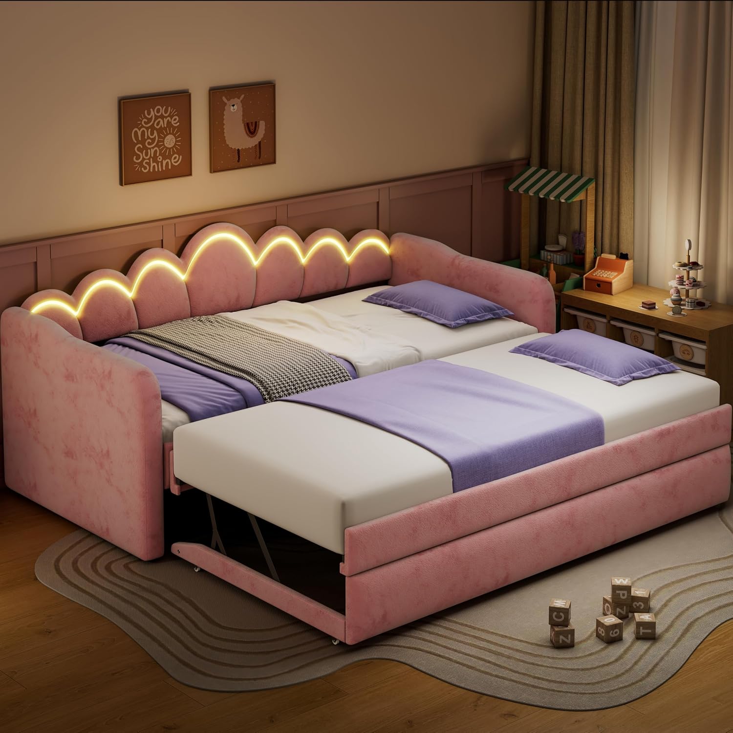 LUMISOL Upholstery Daybed with Trundle, Twin XL Upholstered Daybed with LED Light, Tufted Corner Sofa Bed Furniture for Bedroom Guest Living Room, Pink