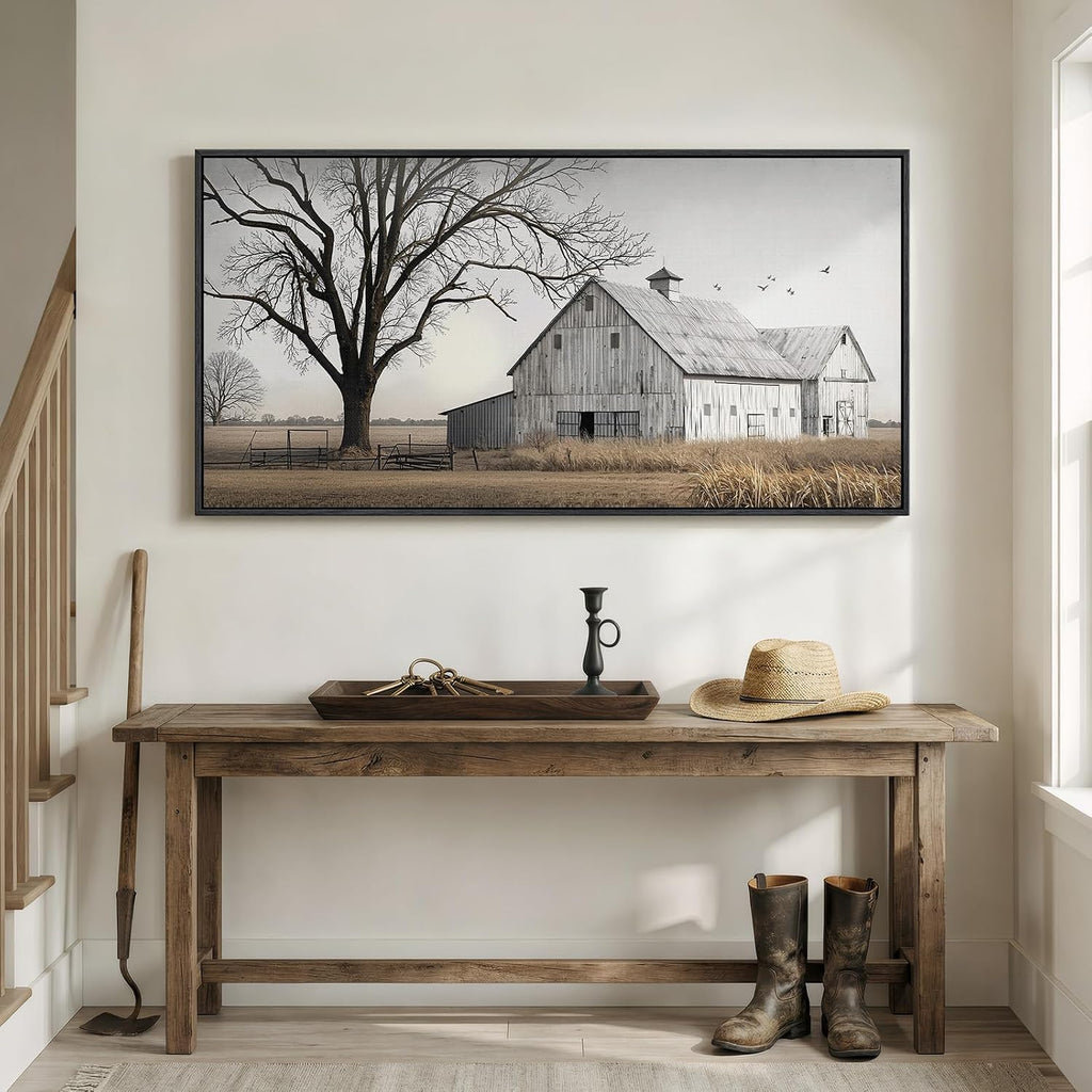 Large Framed Farmhous Wall Art for Living Room, Vintage Rustic Landscape Horizontal Canvas Print, Neutral Country Barn Wall Decor for Bedroom Dining Room Hallway 30x60 Inch