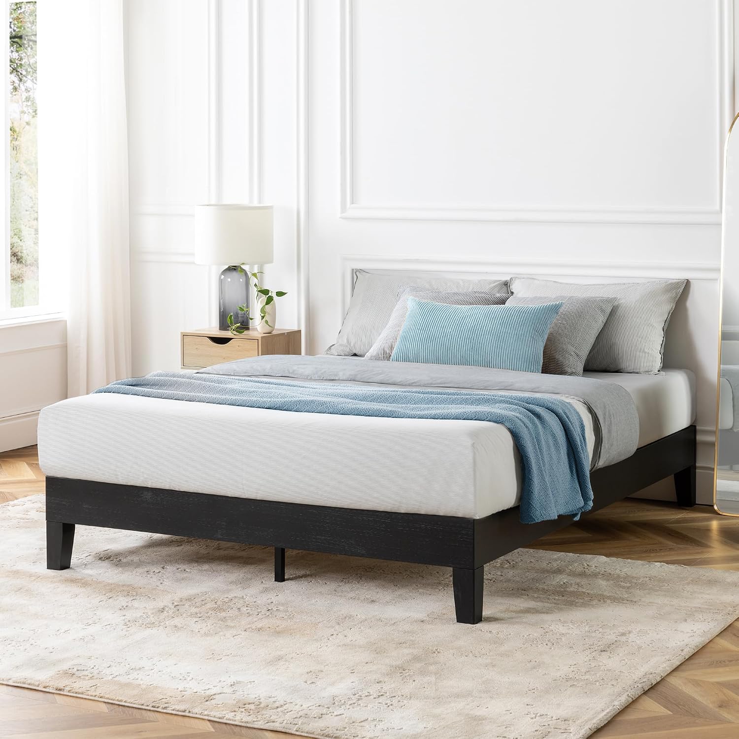 Mellow Naturalista Grand 12 Inch Solid Wood Platform Bed with Wooden Slats, Easy Assembly, King, Black