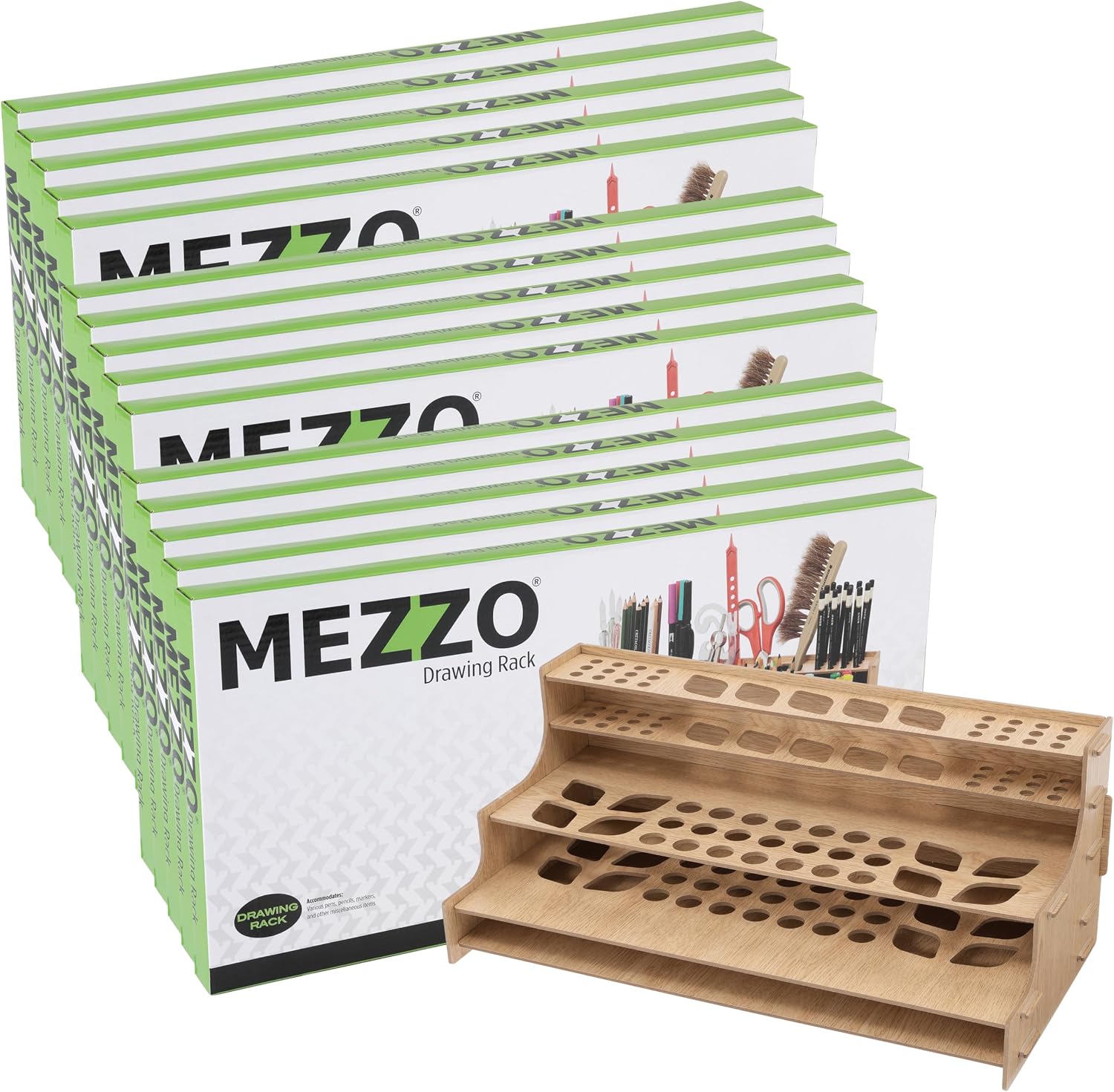 HG Art Concepts Mezzo Artist Drawing Rack, 15 Pack - Wood Grain Laminate Multi Layer Desk Stand Professional Storage Display Organizer for Pens, Pencils, Drafting and all other Drawing Tools