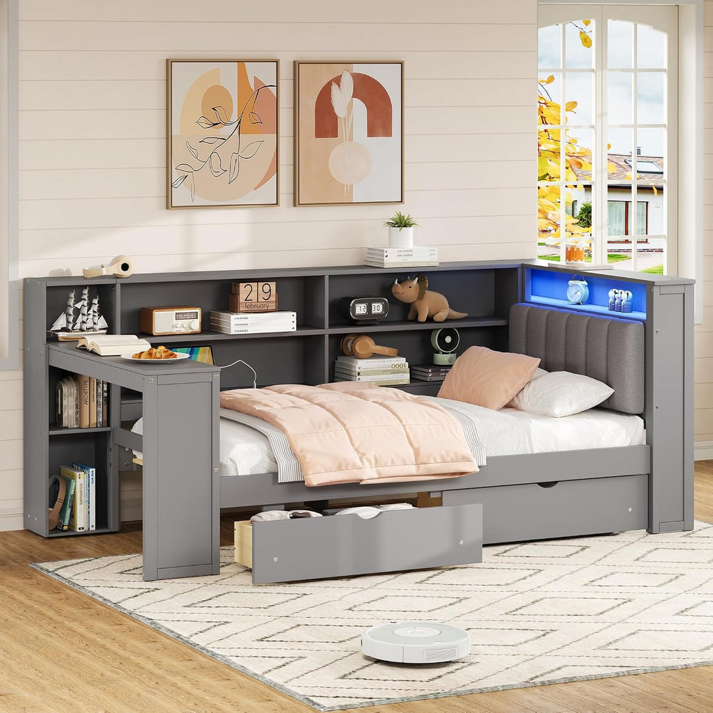 Twin Size Platform Bed with Storage Shelves and Drawers, Solid Wood Daybed with Charging Station, LED, Desk and Upholstered Headboard for Living Room Bedroom (Grey-JU11)