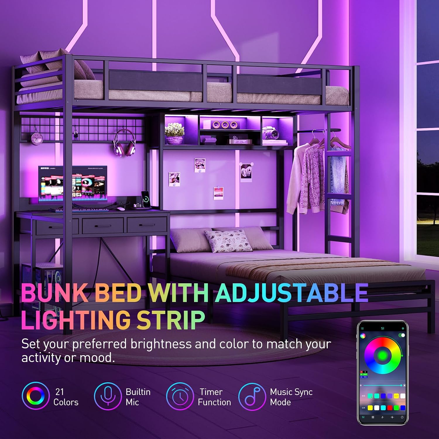 RALGEND Twin Over Twin Bunk Bed with Desk with 3 Drawers & Storage Shelves, Twin Bunk Bed with Charging Station & LED Lights, Bunk Bed with Guardrail & Ladder for Kids, Teens, Small Spaces, Black
