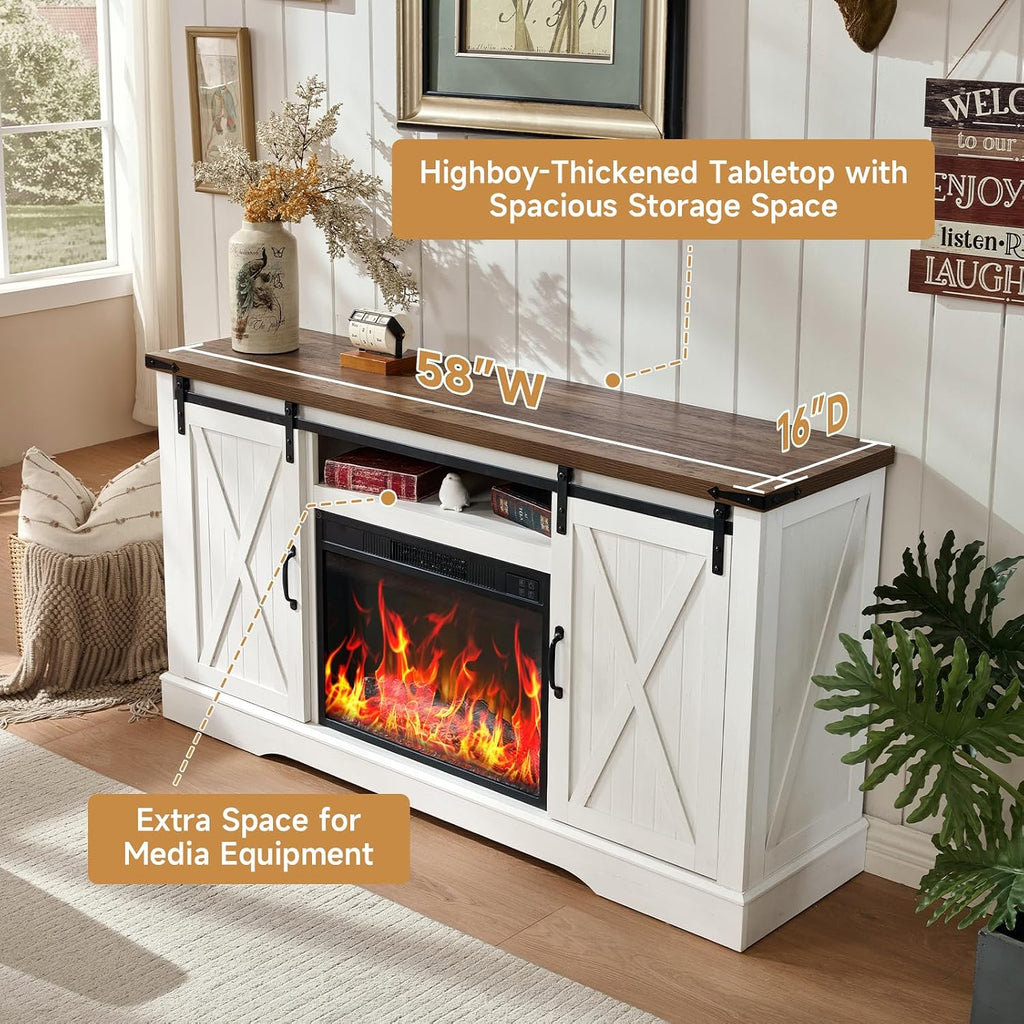 ROCKPOINT 58' Fireplace TV Stand for TV up to 65 Inch with Farmhouse Tall Sliding Barn Doors, Entertainment Center with Storage Cabinet, 23' Electric Fireplace with Remote, White