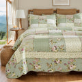 Brandream Patchwork Quilts Queen Size Cotton Green Rose Floral Quilted Comforter Set Country Rustic Coverlet Set 3-Piece