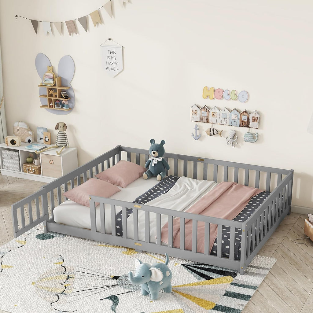 Full Size Floor Bed for Kids, Wooden Montessori Bed Frame with Door, Montessori Floor Bed with Rails for Boys and Girls, No Box Spring Needed, Grey