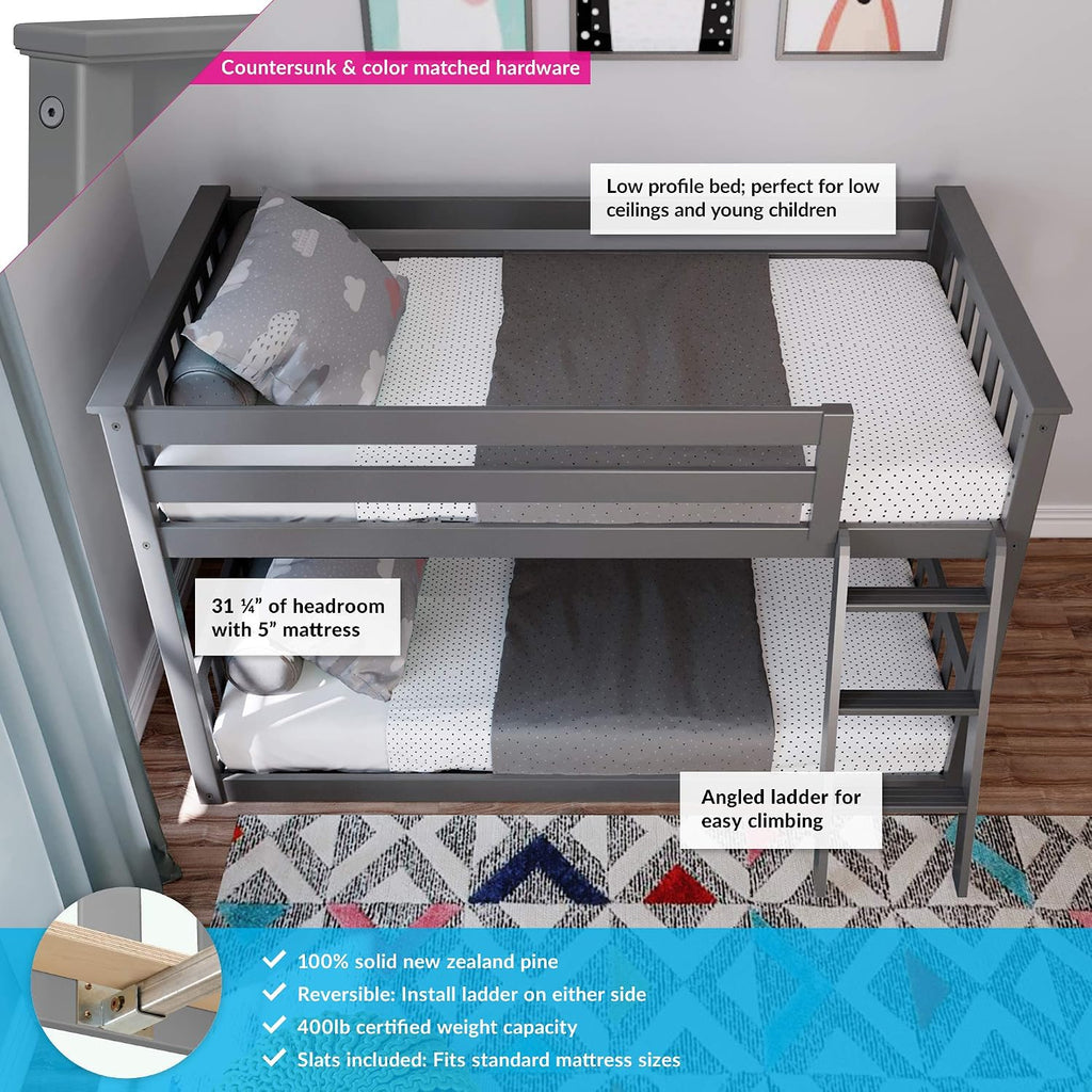 Max & Lily Twin Over Twin Low Bunk Bed with Ladder, Wooden Bunk beds with 14' Safety Guardrail for Kids,Toddlers, Boys, Girls, Teens, Bedroom Furniture, Grey
