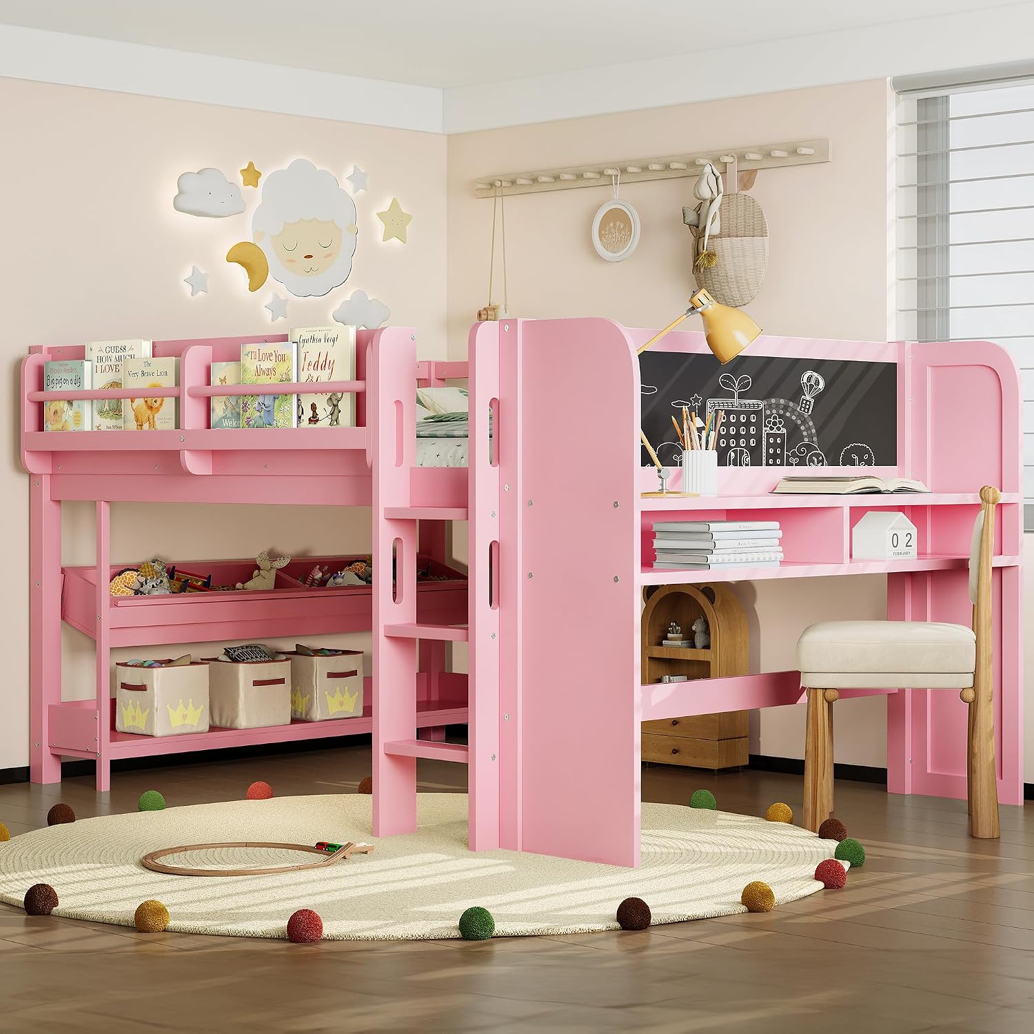 MERITLINE Full Loft Bed with Desk & Blackboard, Twin Multi-Functional Bed with Storage, All-in-One Study & Play Design, Pink