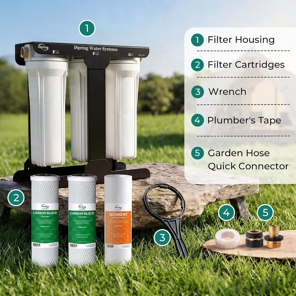 iSpring CW31 RV Water Filter System, 3-Stage RV Water Filtration System for Campers, 3/4'' Lead-Free Brass Hose Quick Connectors, Tankless, High Capacity, White