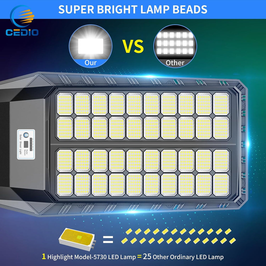 CEDIO 10000W Solar Street Lights Outdoor, Solar Lights Outdoor Waterproof Commercial Street Light Dusk to Dawn, LED Security Flood Light with Motion Sensor for Parking Lot, Yard, Garage, 2 Pack