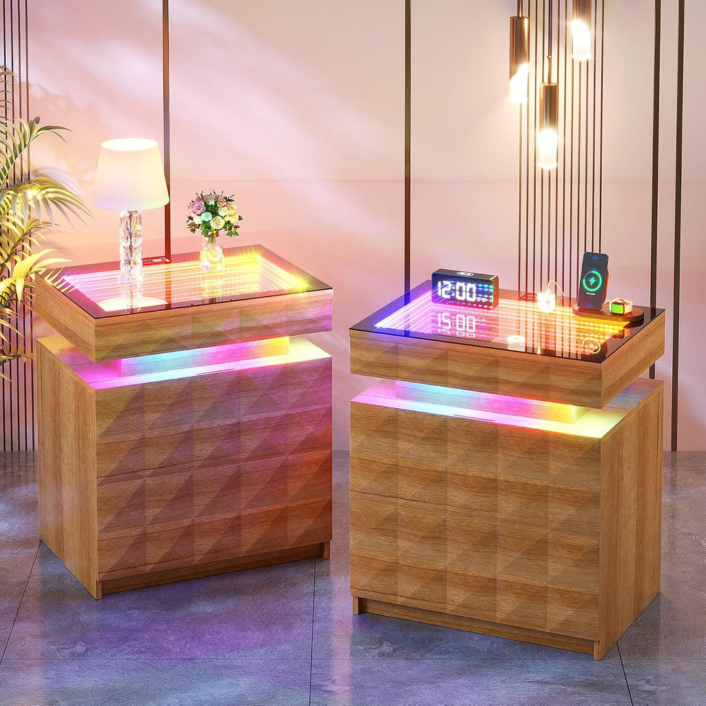 Night Stand Set 2 with Charger Station & RGB Lights, 3 Drawers Bedside Table with Sliding Top, Modern Night Stands with Human Body Sensor for Bedroom, Wood