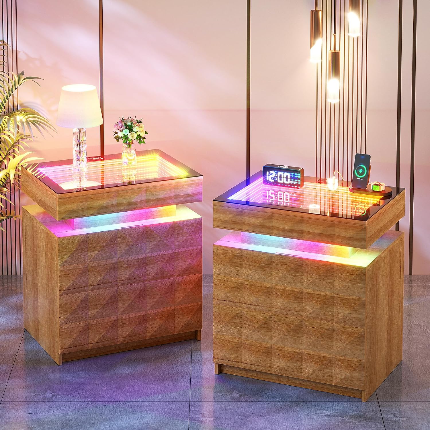 Night Stand Set 2 with Charger Station & RGB Lights, 3 Drawers Bedside Table with Sliding Top, Modern Night Stands with Human Body Sensor for Bedroom, Wood