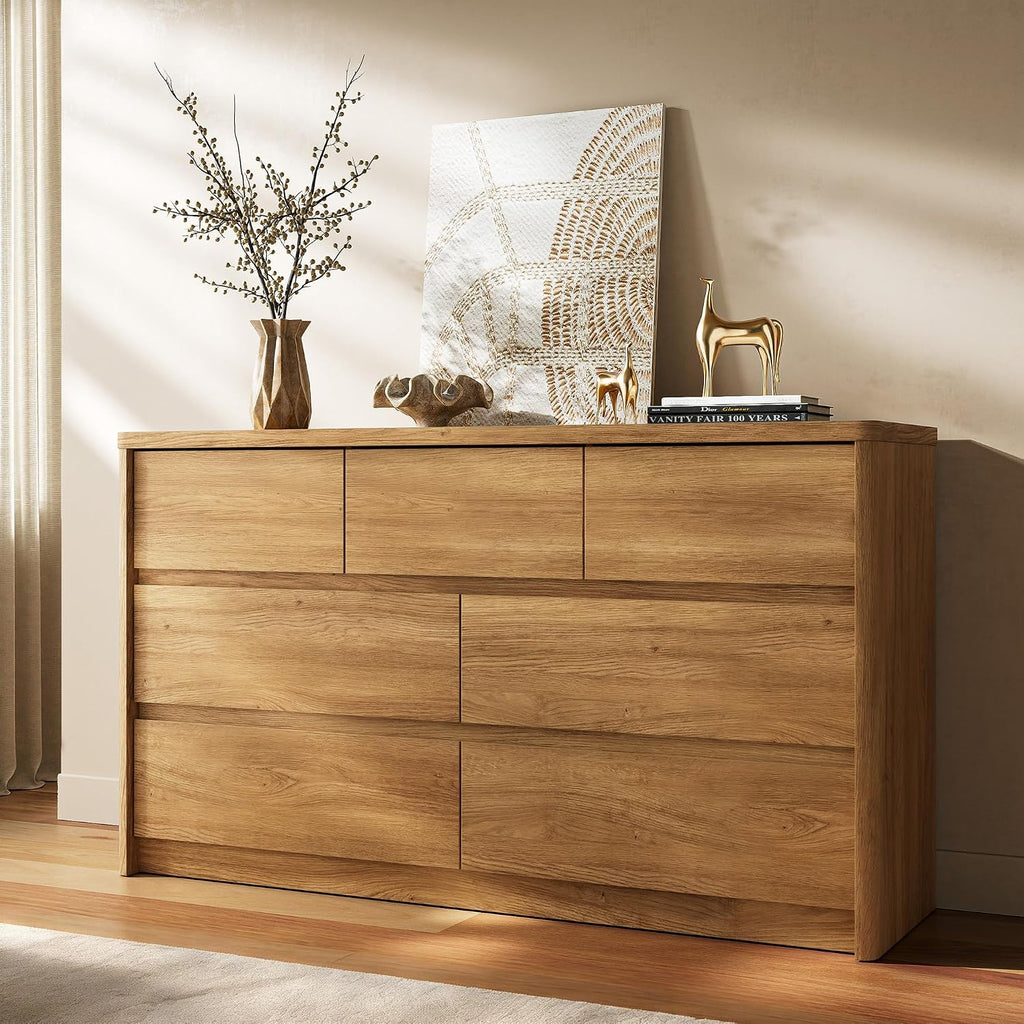 3 Pieces Bedroom Set, 55 Inch Width 7-Drawer Dresser & 2-Drawer Nightstands Set of 2,Nightstand with USB&Type C Charging Station&Outlets,Modern Design for Bedroom, Natural Oak
