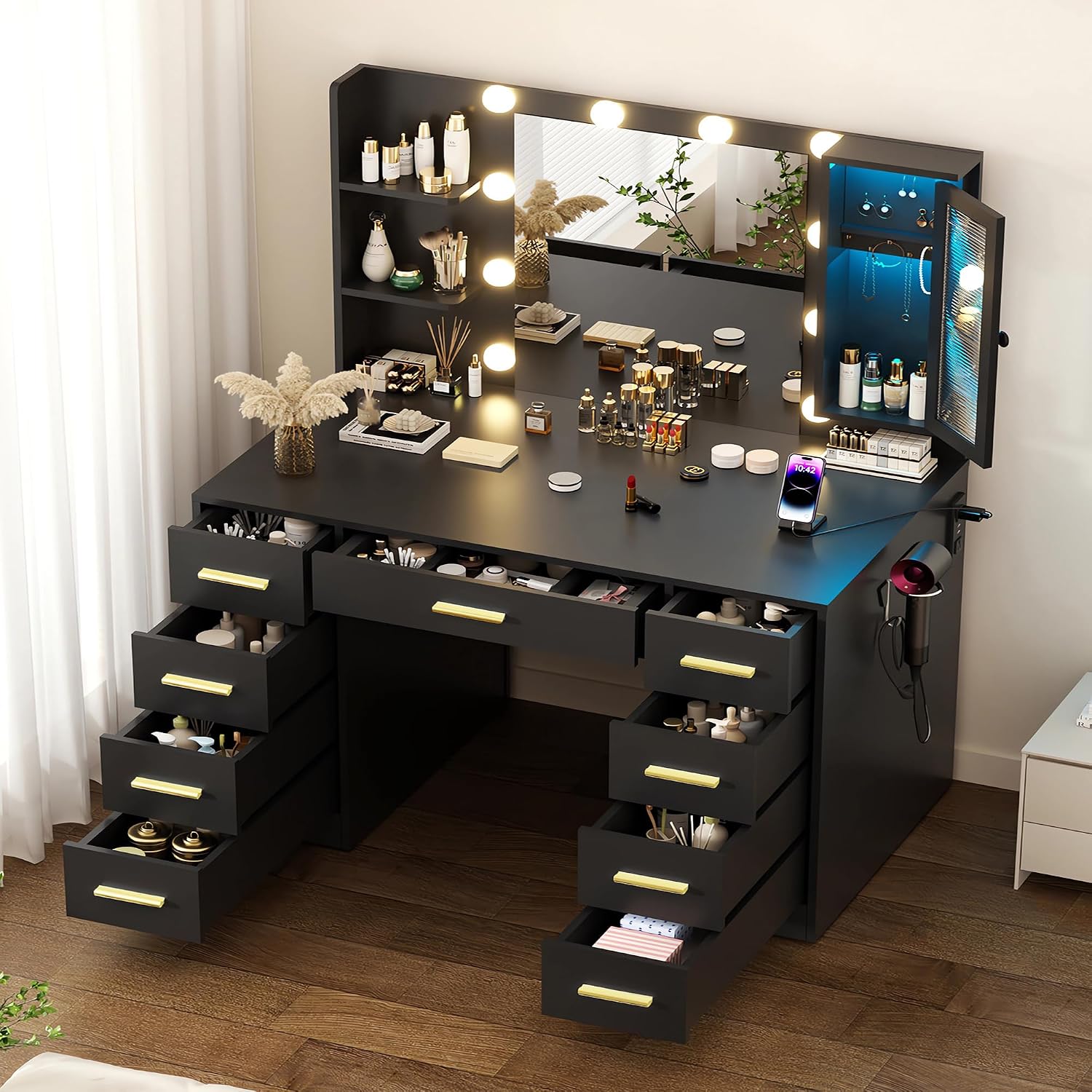 ERLEJIA Vanity Desk with Mirror and Lights, 43' Large Makeup Dressing Table with 9 Drawers, 3 Open Shelves, RGB LED Lighting & Power Outlet, Black