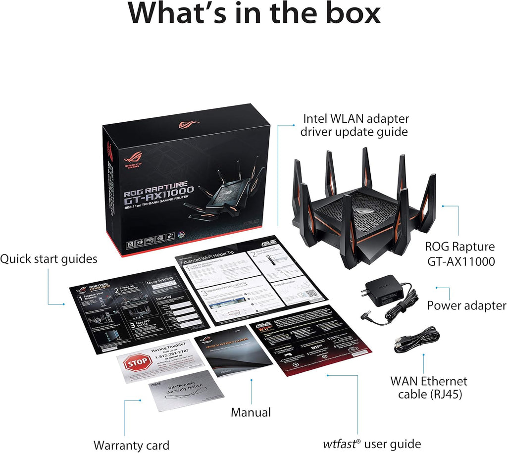 ROG Rapture GT-AX11000 IEEE 802.11ax Ethernet Wireless Router - 2.40 GHz ISM Band - 5 GHz UNII Band - 11000 Mbit/s Wireless Speed - 5 x Network Port - 1 x Broadband Port - USB - 2.5 Gigabit Ethernet -