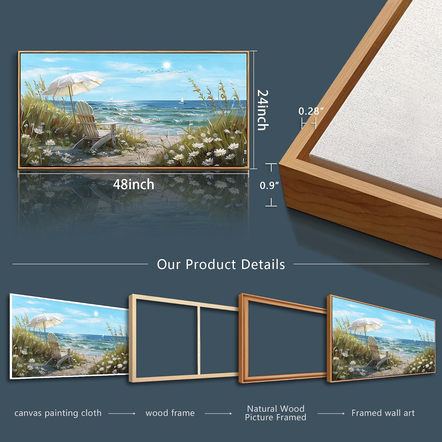 ERQINHUA Large Wall Art For Living Room Canvas Wall Decor For Bedroom Office Decoration Blue Sea Ocean Paintings Beach Chair Wall Pictures Artworks Modern Home Decor Aesthetics 24x48 In Wood Framed