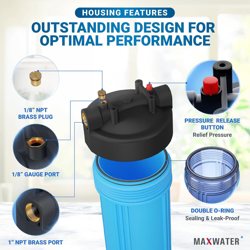Max Water 20x4.5 Whole House Water Filter Housing, Heavy Duty Big Filter Blue Housing w/Pressure Release, Wrench and Bracket, 1' NPT, 20 Inch, Pack of 2