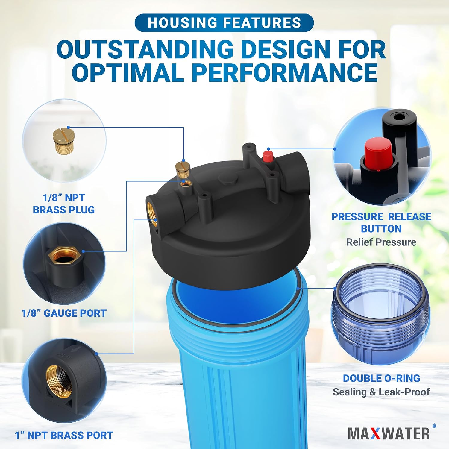 Max Water 20x4.5 Whole House Water Filter Housing, Heavy Duty Big Filter Blue Housing w/Pressure Release, Wrench and Bracket, 1' NPT, 20 Inch, Pack of 2