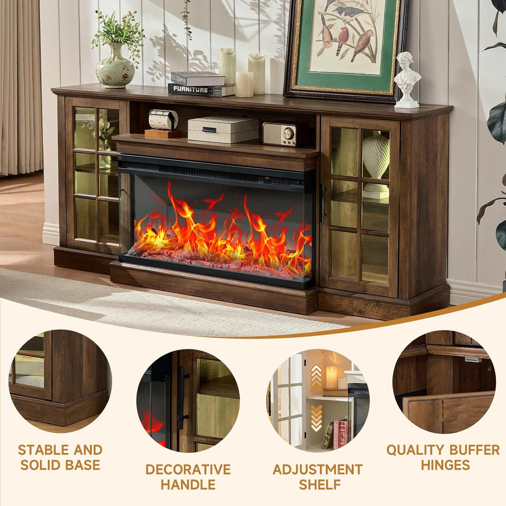 ROCKPOINT 3 Sided Glass 70' Fireplace TV Stand for TVs up to 80inch, Media Entertainment Center with Glass Door Storage Cabinet,36' Electric Fireplace with LED Light and Flame Colors, Espresso