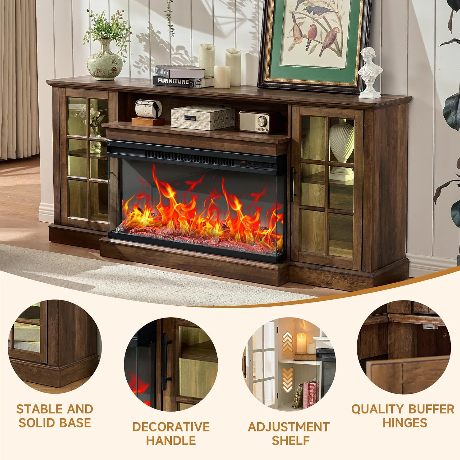 ROCKPOINT 3 Sided Glass 70' Fireplace TV Stand for TVs up to 80inch, Media Entertainment Center with Glass Door Storage Cabinet,36' Electric Fireplace with LED Light and Flame Colors, Espresso