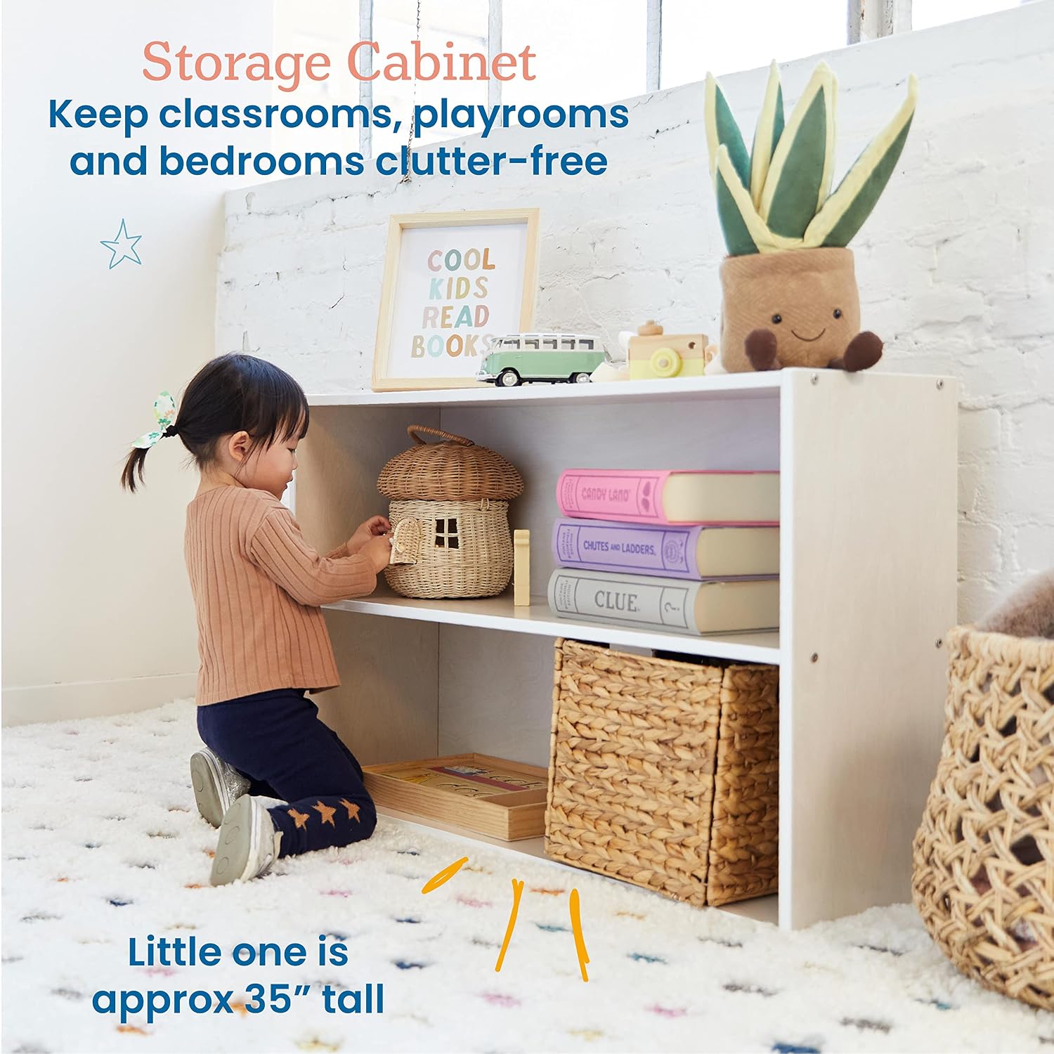 ECR4Kids Streamline 2-Shelf Single-Sided Storage Cabinet, 24in, Classroom Furniture, White Wash
