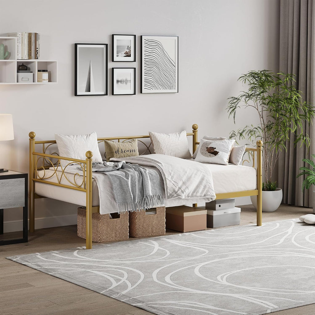 TrailBlaze Modern Space-Saving Twin Metal Daybed Frame - Heavy Duty Steel Slats, Floral Headboard, No Box Spring Needed, Ideal for Living Room, Bedroom, Guest Room - Gold, Twin Size