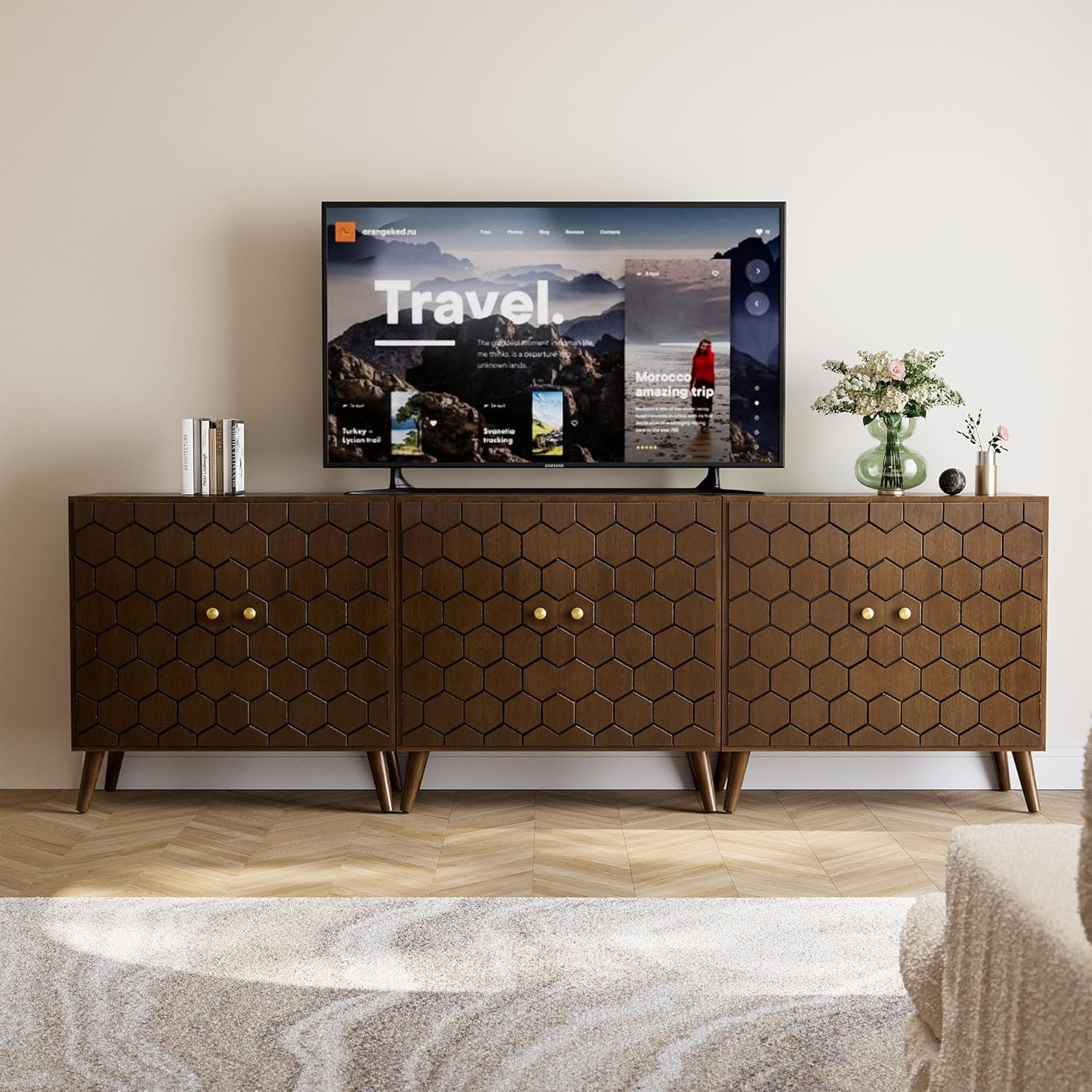 COSIEST Set of 3 32' Storage Sideboards with Doors, Accent Cabinets with Magnetic Push-to-Open Doors, Brown Honeycomb Pattern, Entryway Console for Living Room, Kitchen, Hallway