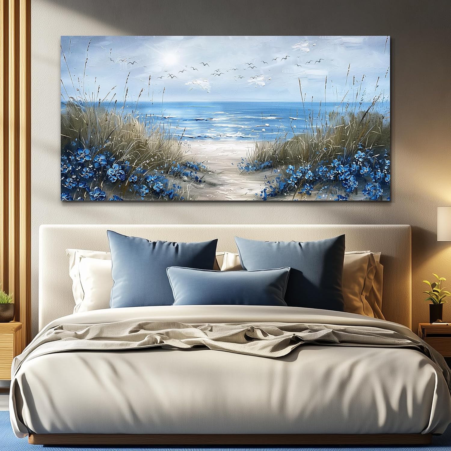 KELIYUAN Large Wall Decor For Living Room Canvas Wall Art For Office Bedroom Aesthetic Blue Ocean Sea Wave Wall Painting Artwork Pictures Modern Beach Posters Ready To Hang Home Decoration 30'x60'