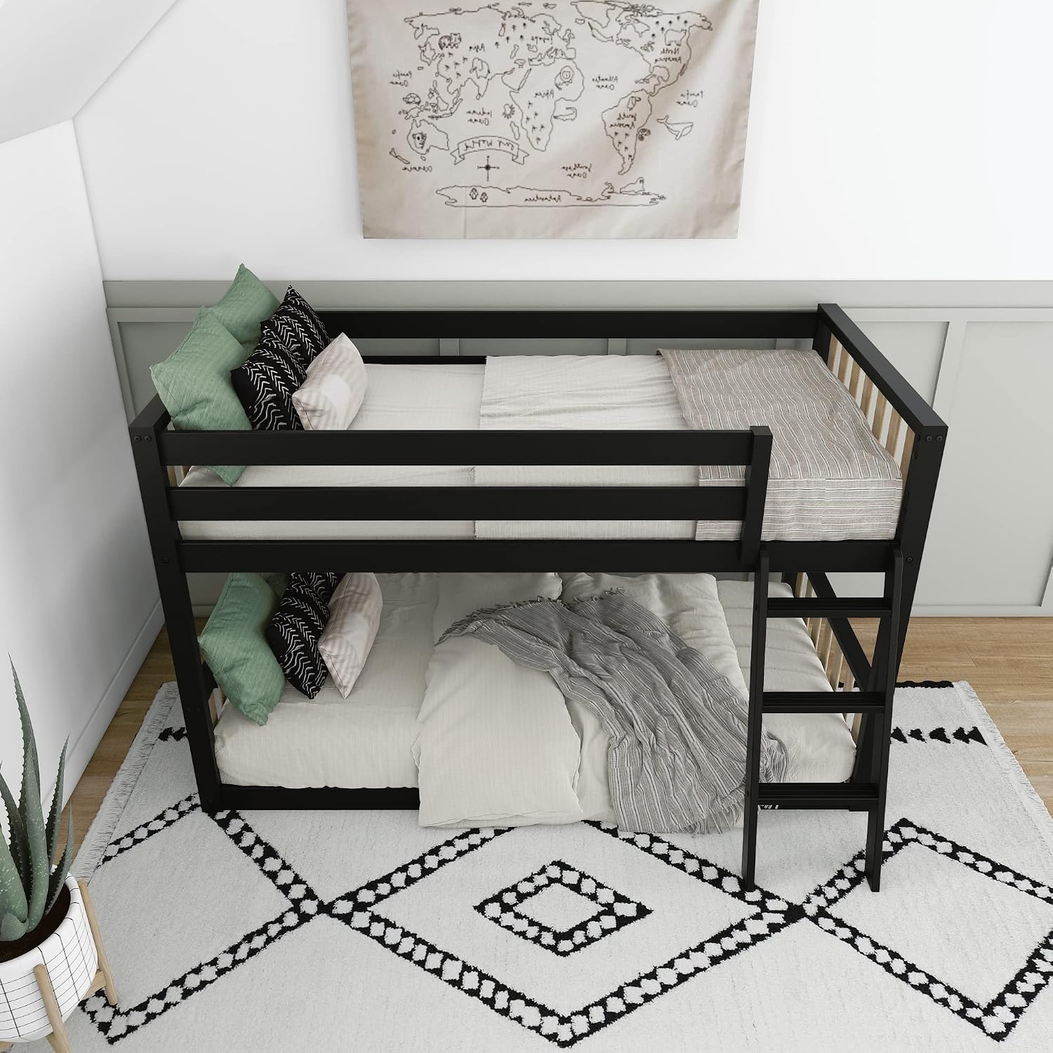 Max & Lily Low Bunk Bed, Scandinavian Modern Bunk Bed, Solid Wood Twin-Over-Twin Bed Frame for Kids, No Box Spring Needed, Black/Blonde