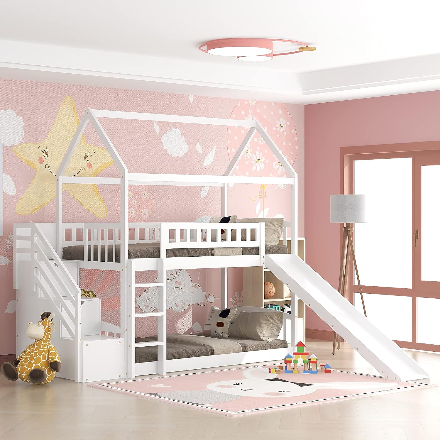 KLMM Twin Over Twin Bunk Bed for Kids Toddlers, House Bunk Bed Farm with Storage Steps and Slide Ladder Roof Guardrail for Girls/Boys, No Spring Box Required (White-Wood)