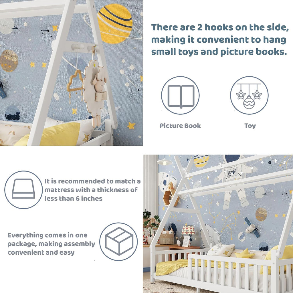 Twin Montessori Kids Floor Bed with Rails and LED Light, Low Twin Beds Frame with Fence and Removable Roof, Wood Montessori Floor Bed Frame for Kids, Girls, Boys, White