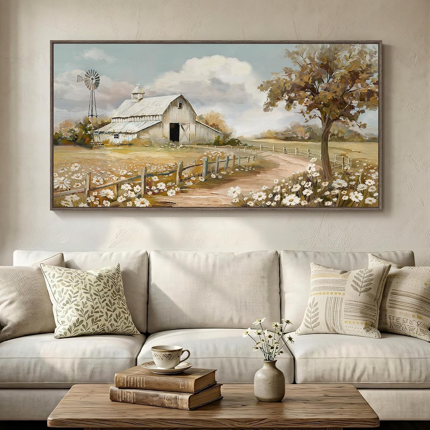 Large Framed Farmhouse Wall Art for Living Room, Vintage Rustic White Barn Canvas Prints, Country Floral Landscape Wall Decor for Bedroom Dining Room Hallway 30x60 Inch
