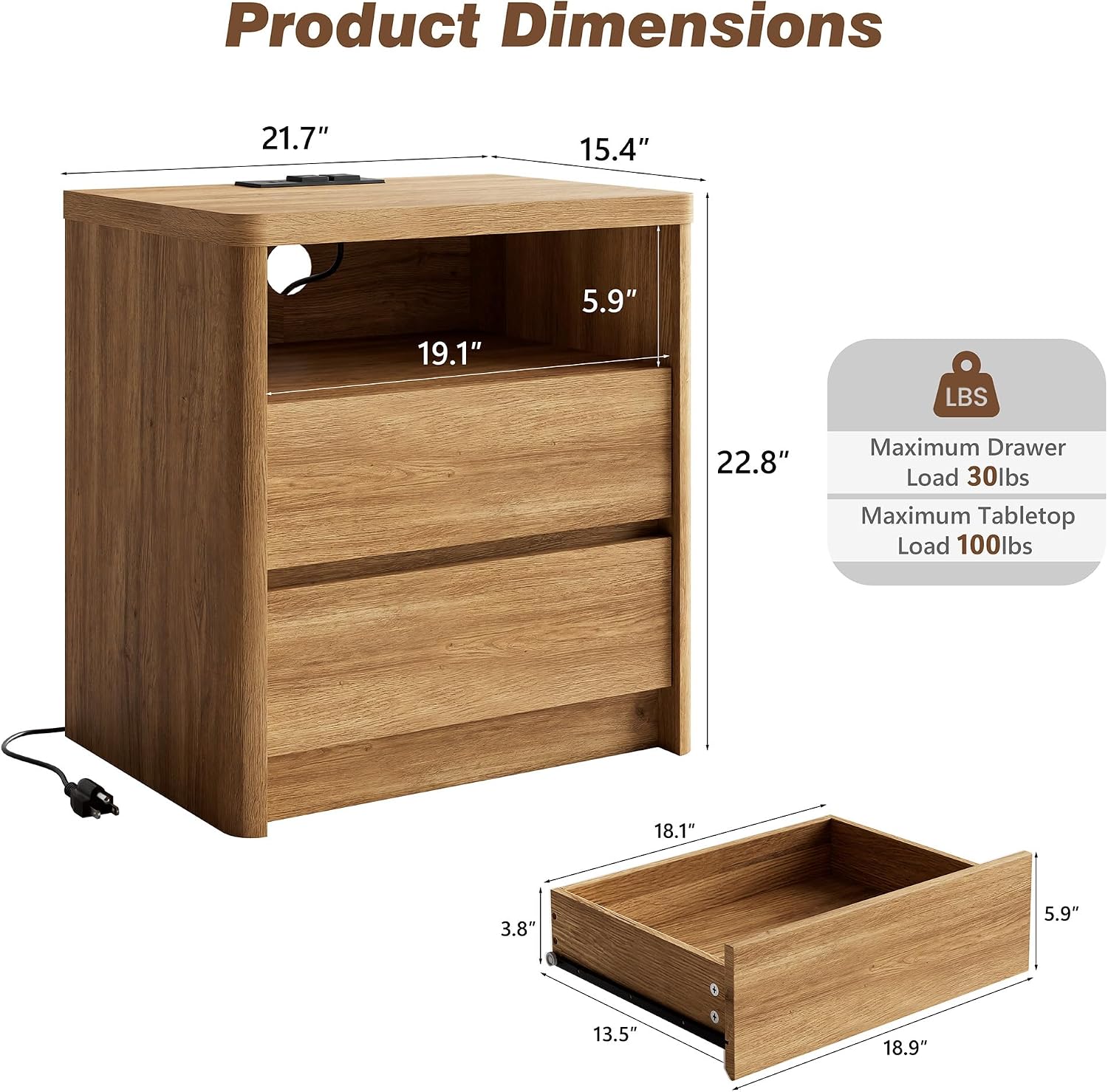 3 Pieces Bedroom Set, 55 Inch Width 7-Drawer Dresser & 2-Drawer Nightstands Set of 2,Nightstand with USB&Type C Charging Station&Outlets,Modern Design for Bedroom, Natural Oak