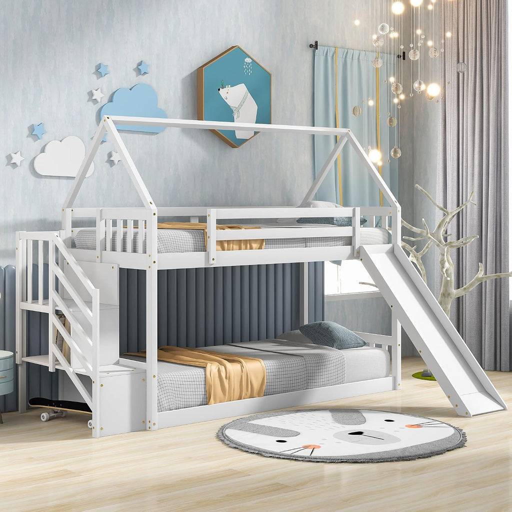 Twin Over Twin Bunk Bed with Slide for Kids Toddlers, House Bunk Bed Farm with Storage Steps and Roof Guardrail for Girls/Boys, No Spring Box Required (White-Storage Steps#2)