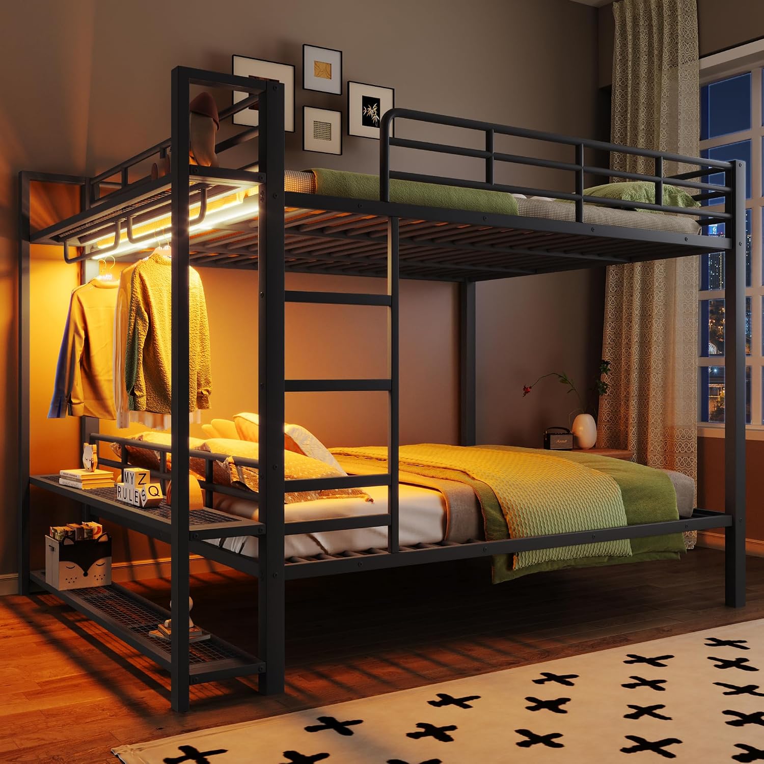 JIVOIT Metal Bunk Bed with Storage Mesh Shelves and Clothes Hooks, Open Storage Shelves, Queen Size Bunk Bed with Full-Length Reinforced Guardrails for Teens and Adults, No Box Spring Needed