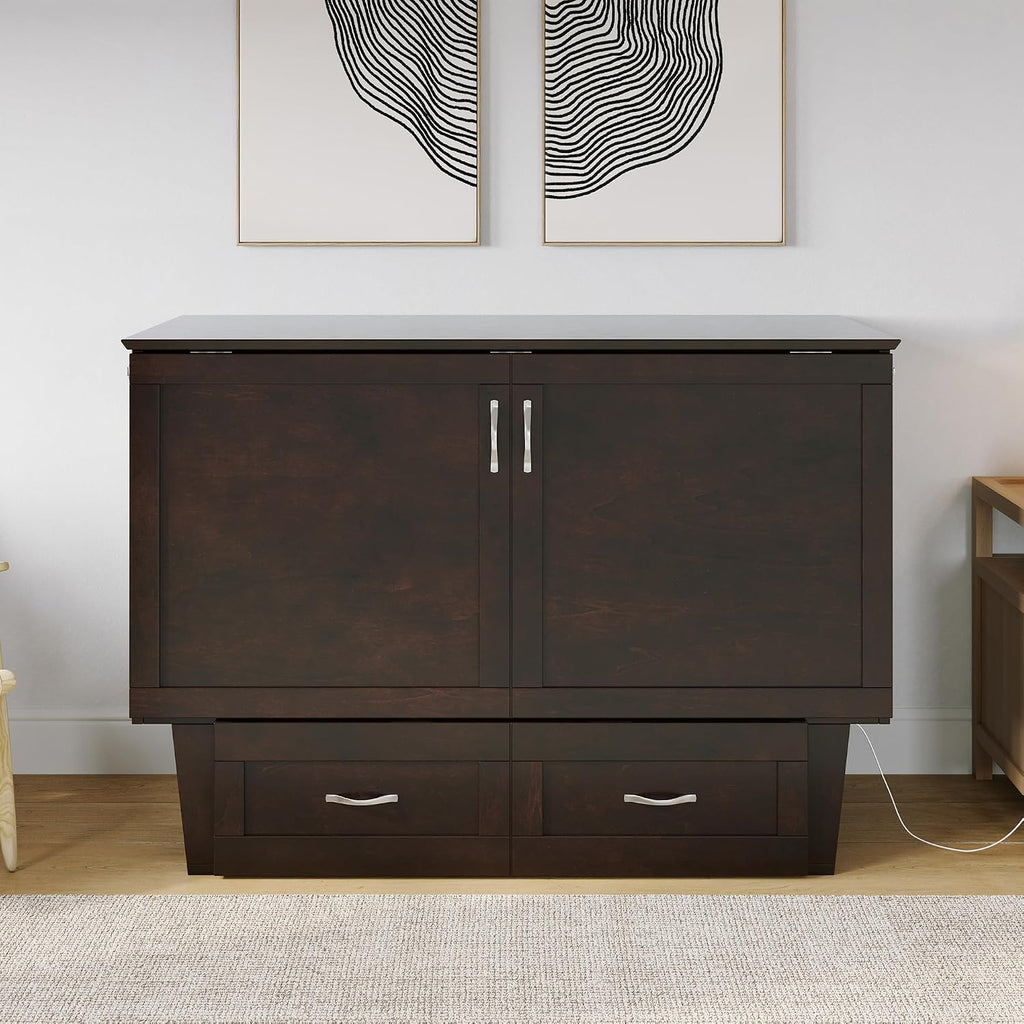 AFI, Monroe Full Murphy Bed Chest with 6' Mattress, Storage Drawer & Built-in USB Charger, Espresso