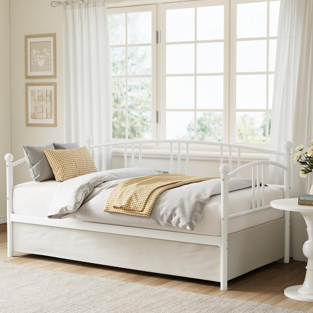 GarveeHome Daybed with Trundle, Sturdy Metal Day Bed with Steel Slat Support, Trundle Bed Twin with Arched Headboard, SofaBed for Living Room, Bedroom and Guest Room, White