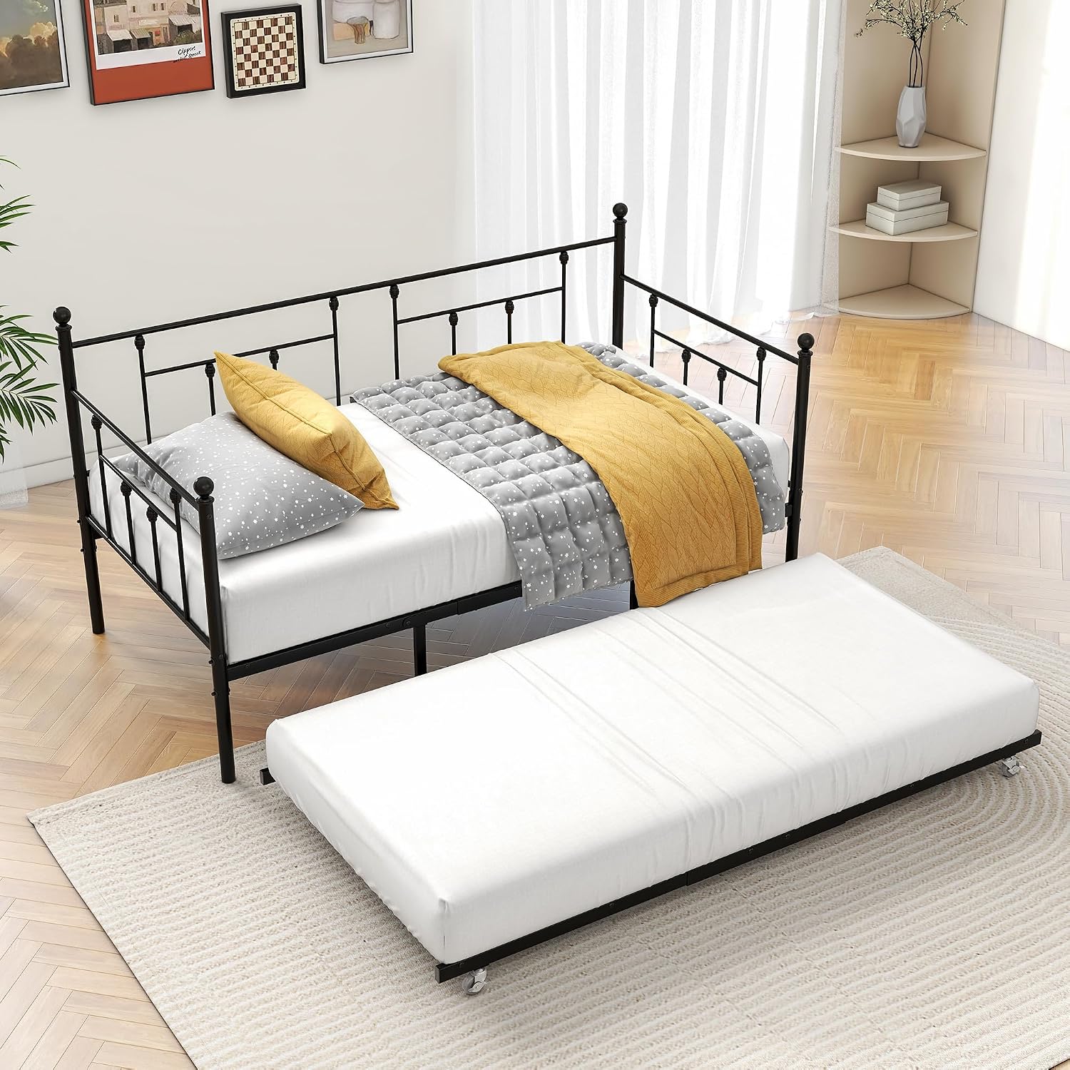 Twin Size Daybed Metal Frame with Trundle Set, Twin Day Bed Sofa, Daybed and Roll Sofa Bed for Guest Room, Bedroom, Living Room, Style, Black