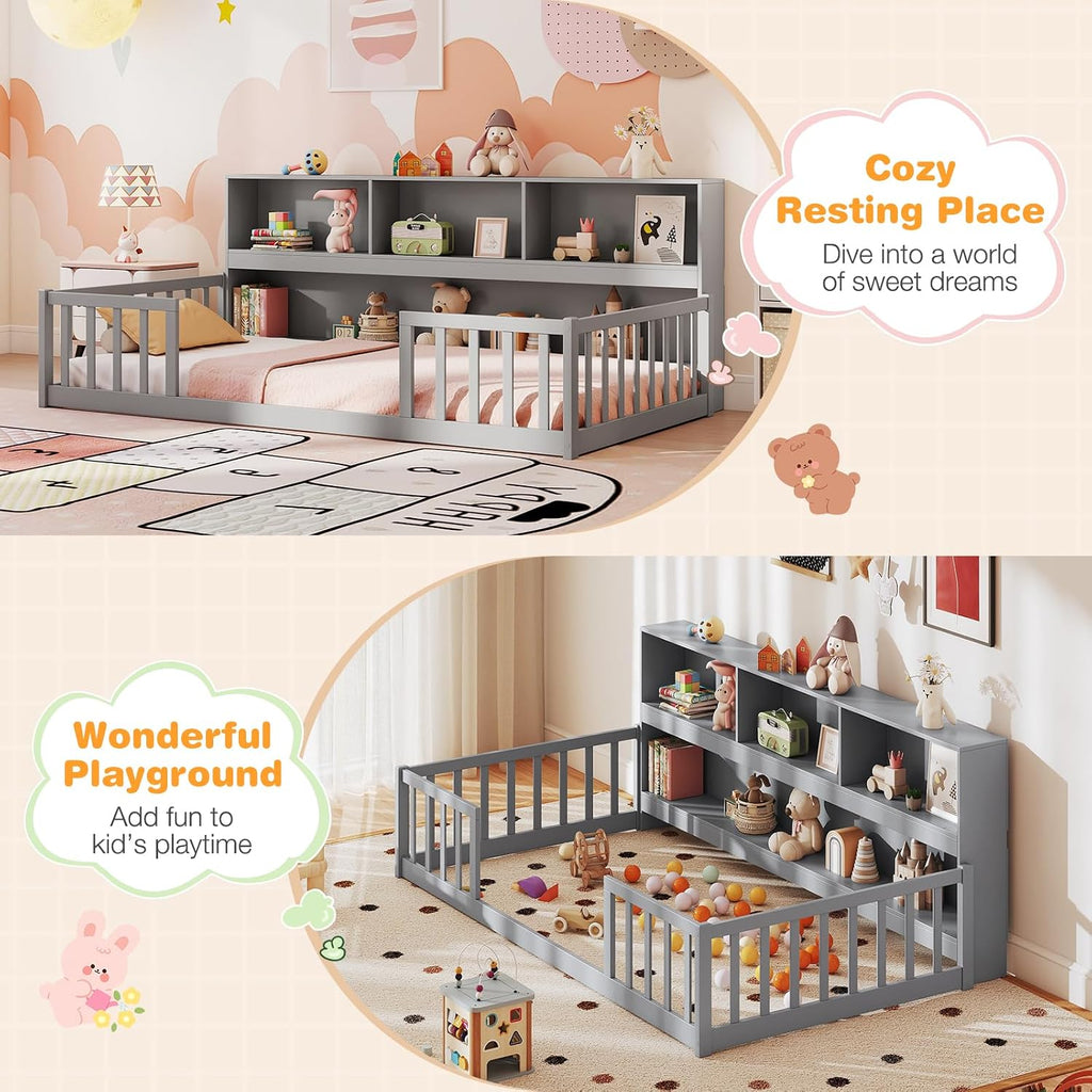 BECOMFORT Twin Floor Bed for Kids, 2-in-1 Kids Twin Floor Bed Frame with Bedside Bookcase & Safety Guardrails, Montessori Bed for Boys Girls