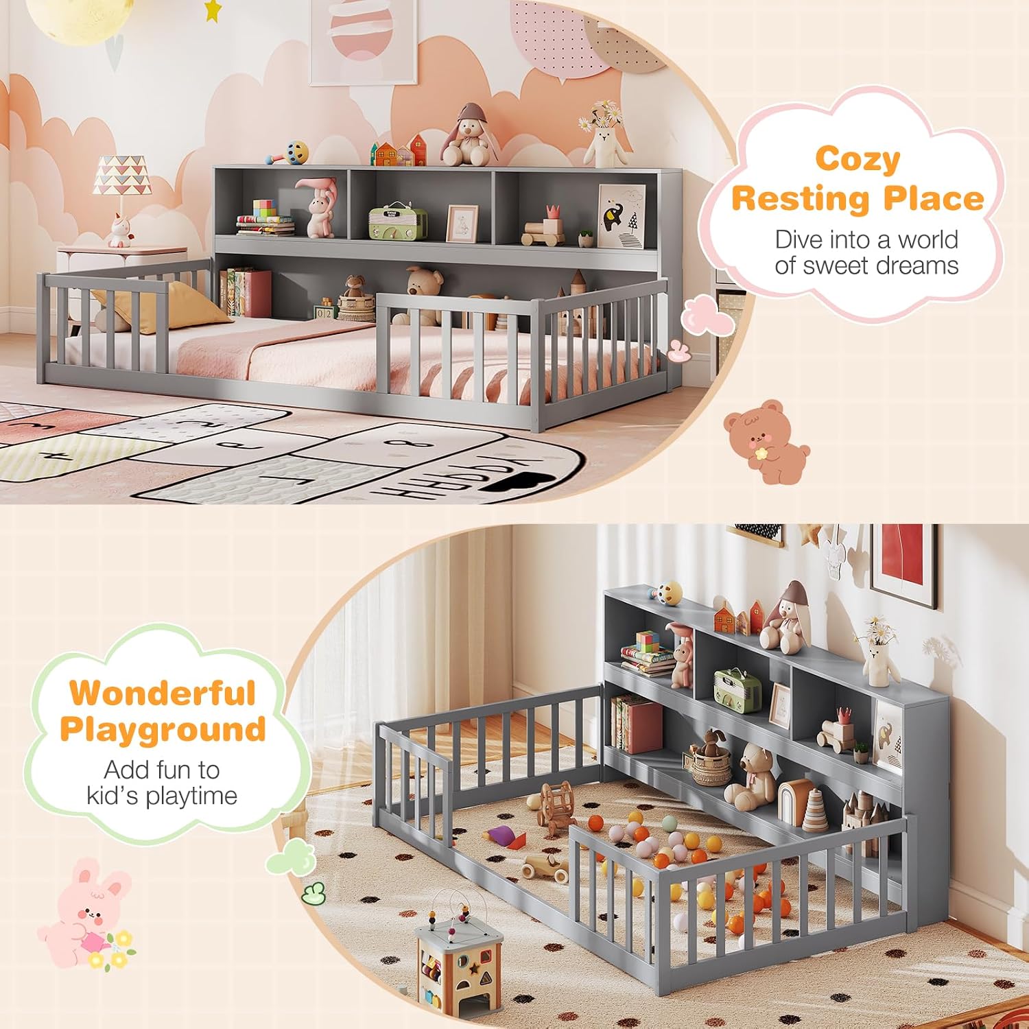 BECOMFORT Twin Floor Bed for Kids, 2-in-1 Kids Twin Floor Bed Frame with Bedside Bookcase & Safety Guardrails, Montessori Bed for Boys Girls