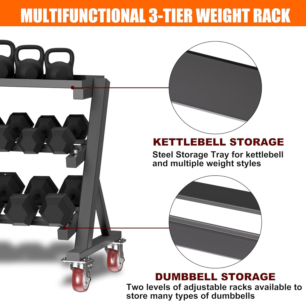 Heavy Duty 3 Tier Dumbbell Rack Stand, 1200LBS Commercial Weight Storage Organizer for Home Gym (Select Frame Type: Kettlebell Flat Tray, All Rails, or Rolling Wheels), Stand Only