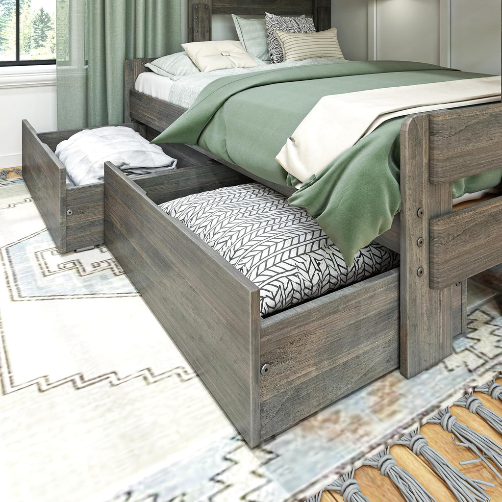 Max & Lily Modern Farmhouse Twin/Full Bunk Bed with Storage Drawers, Driftwood