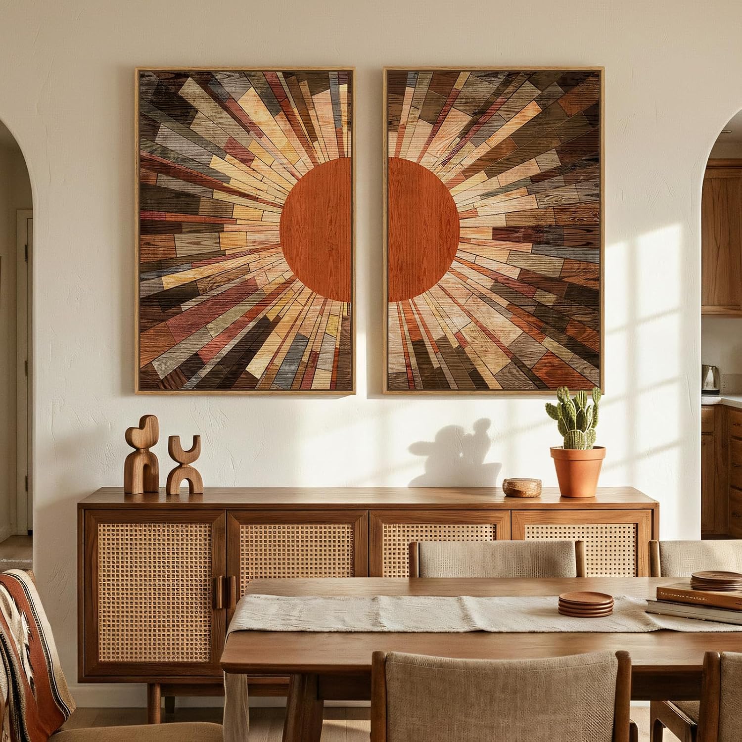 Large Framed Boho Mid Century Modern Wall Art for Living Room, Set of 2 Abstract Sun Earth Tone Canvas Artwork for Walls, Vintage Paintings Prints Pictures Wall Decor for Bedroom Home Office, 24x36 In