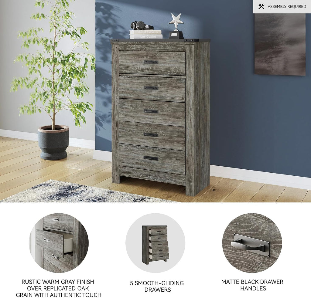 Signature Design by Ashley Frandern Vintage Casual Chest with 5 Smooth-Gliding Drawers, Matte Black Drawer Handles, Wood and Decorative Laminate, Gray, 34.25' W