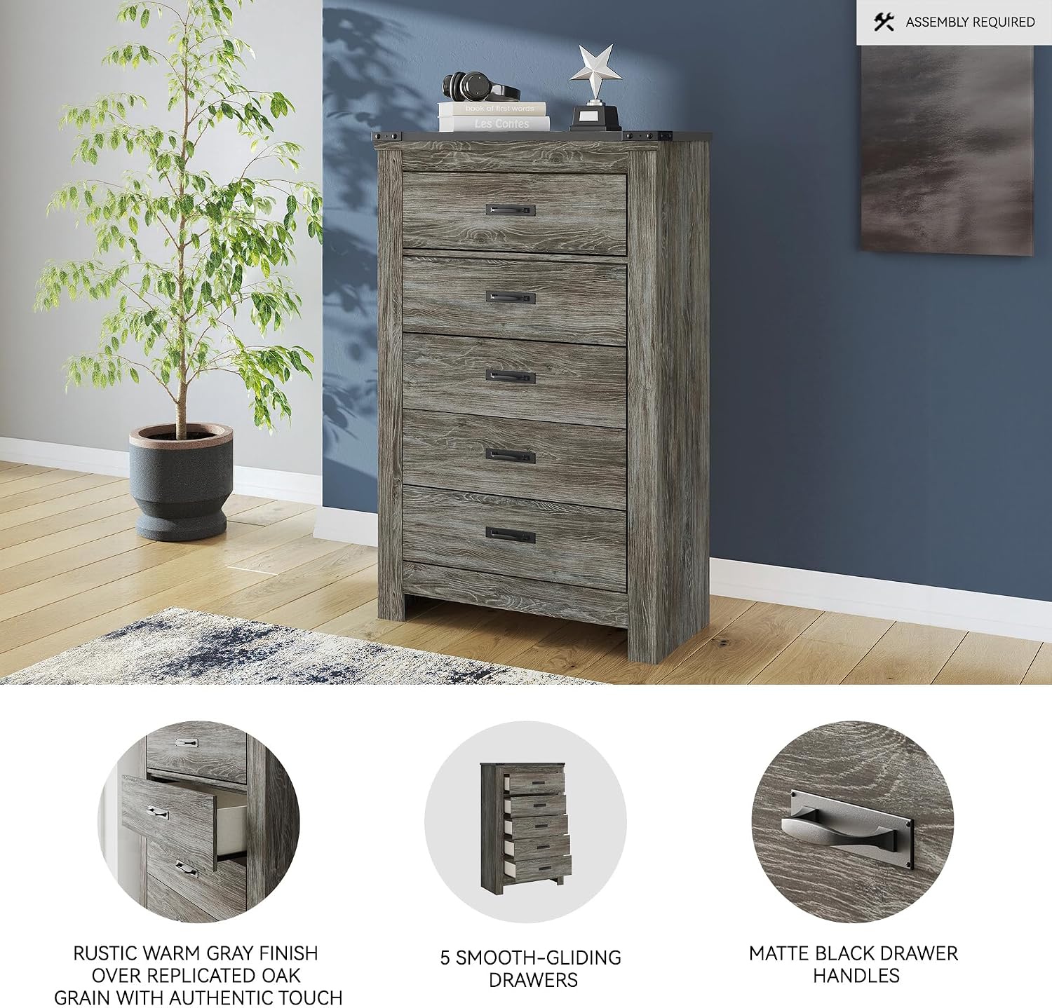 Signature Design by Ashley Frandern Vintage Casual Chest with 5 Smooth-Gliding Drawers, Matte Black Drawer Handles, Wood and Decorative Laminate, Gray, 34.25' W