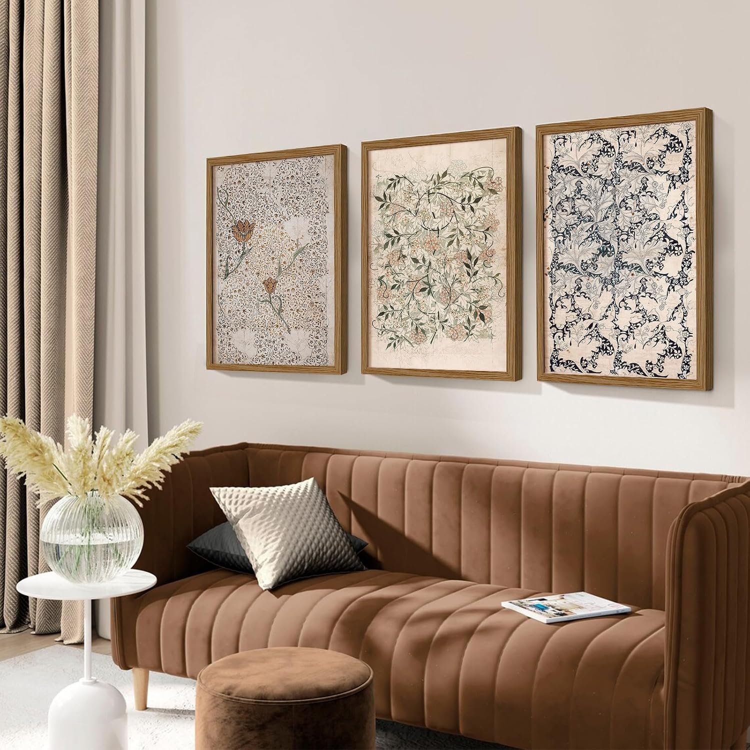 Vintage William Morris Wall Art Framed Decor Boho Floral Botanical Canvas Pictures Abstract Neutral Flower Prints Vintage Farmhouse Artwork Painting for Living Room Bedroom 24x36 Inch Set of 3
