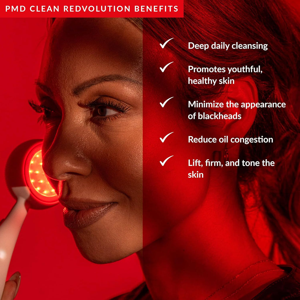 Clean, Acne, and Redvolution - Electric Facial Cleansing Brush, Smart Facial Device with Silicone Brush & Anti-Aging Massager, Red and Blue LED Light